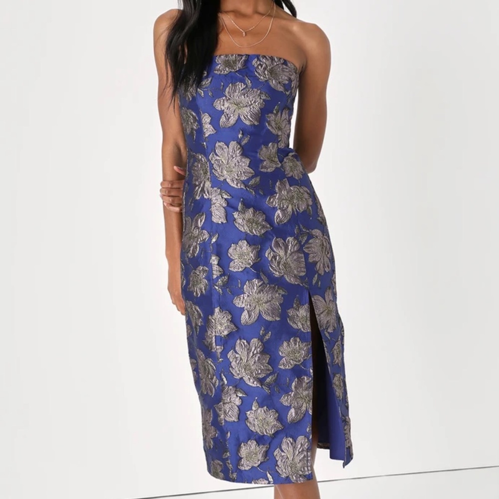 Lulus Navy Blue Jacquard Strapless Midi Dress